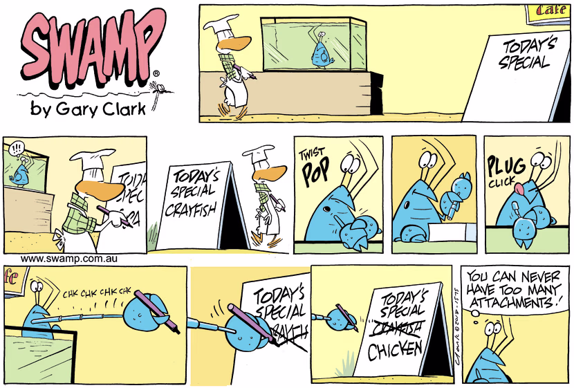 Bob Crayfish is not too happy Chef has put crayfish on the menu so Bob ingeniously changes it to chicken. Swamp Cartoon - Crayfish on the MenuMarch 26, 2023